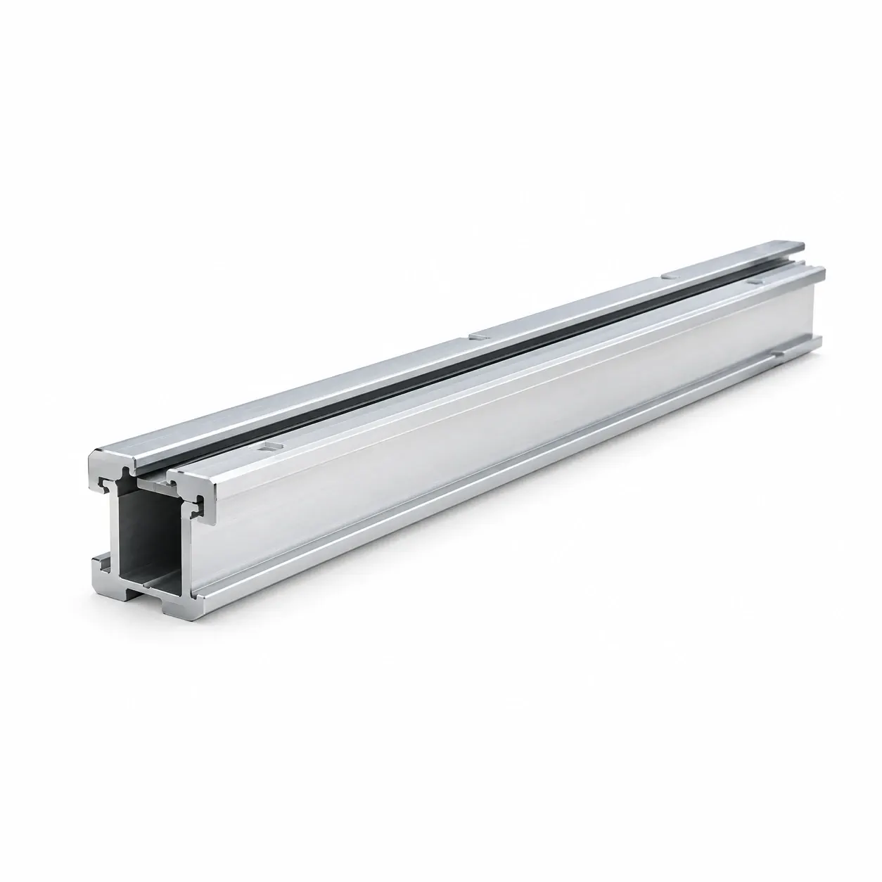 Aluminium rail profile — Extruded profile, machined top channel and slide face, mounting pockets