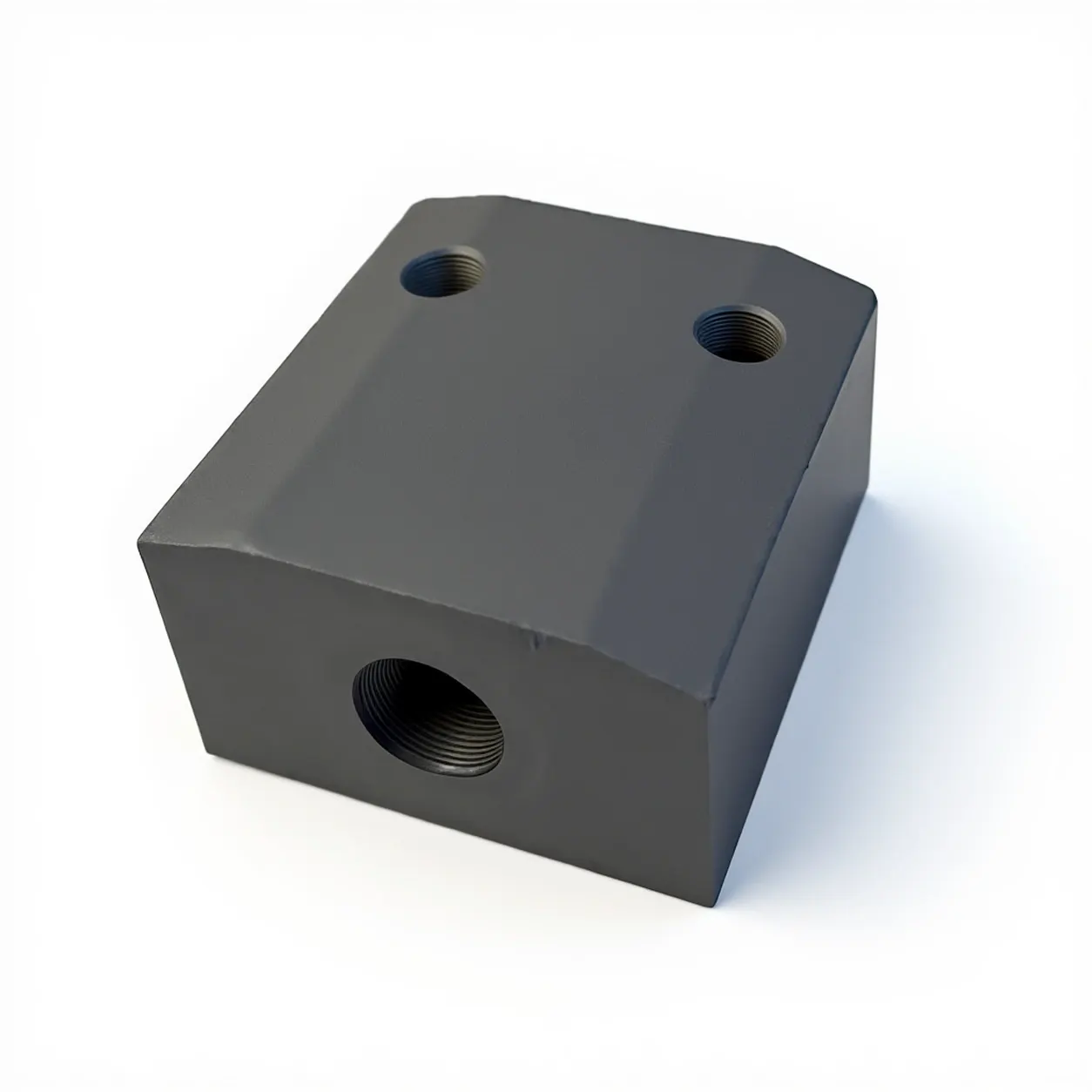 Drilled block — Black-coated aluminium, threaded centre hole and two mounting holes