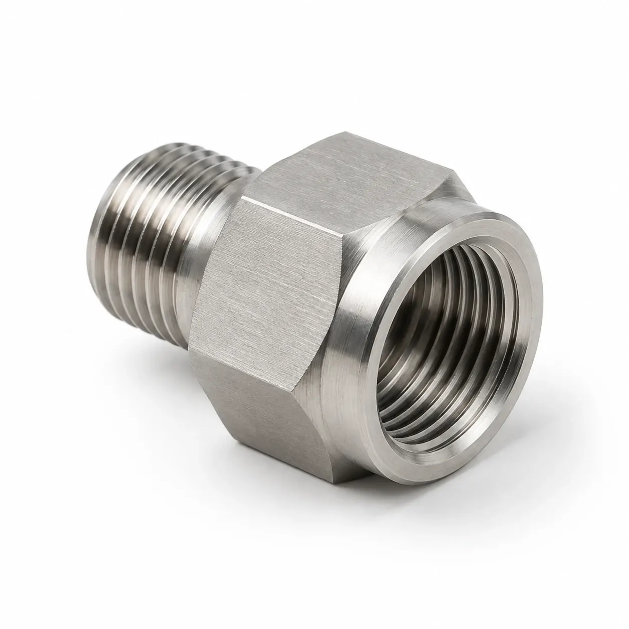 Threaded adapter — Stainless steel, hexagonal body, internal and external thread