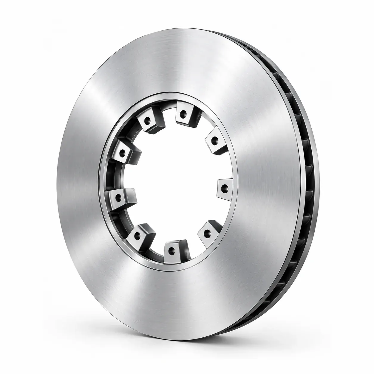 Ventilated brake disc — Ground friction surface, internal cooling vanes, drilled mounting lugs