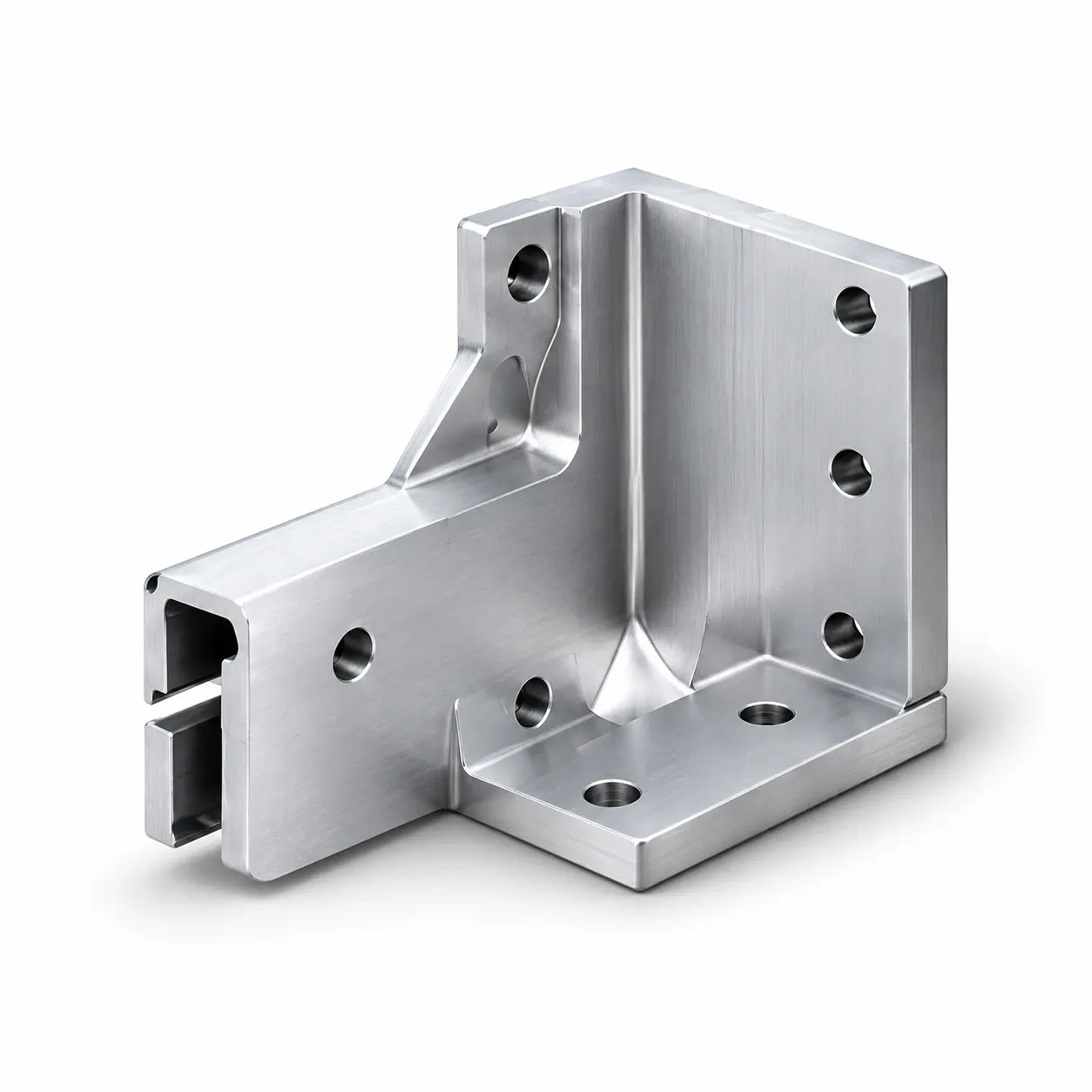 Corner mounting bracket — Machined aluminium, upright body, support rib and rail slot