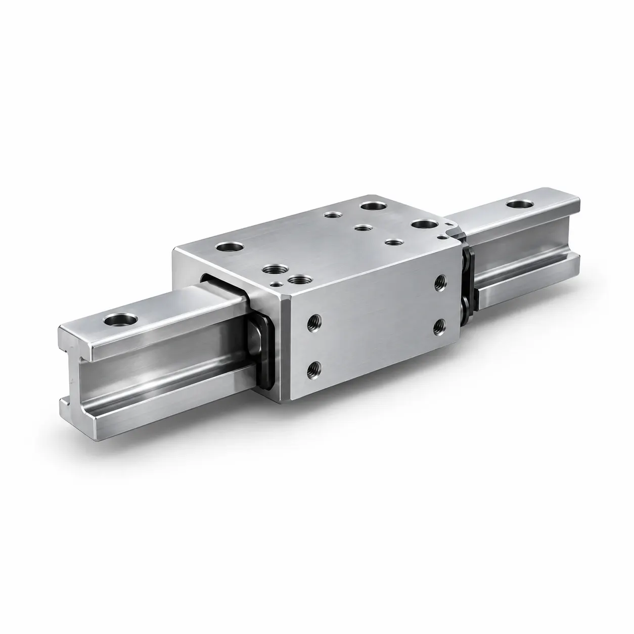 Linear rail and carriage block — Ground steel rail, carriage block with tapped holes, end wipers