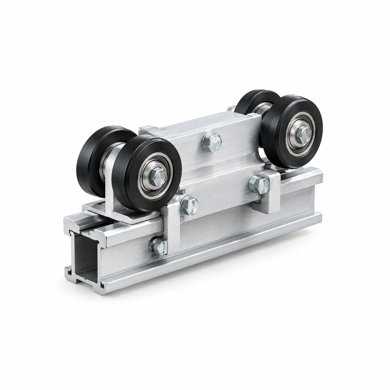 Roller carriage — Aluminium body, four bearing-mounted rollers, running on a profile rail