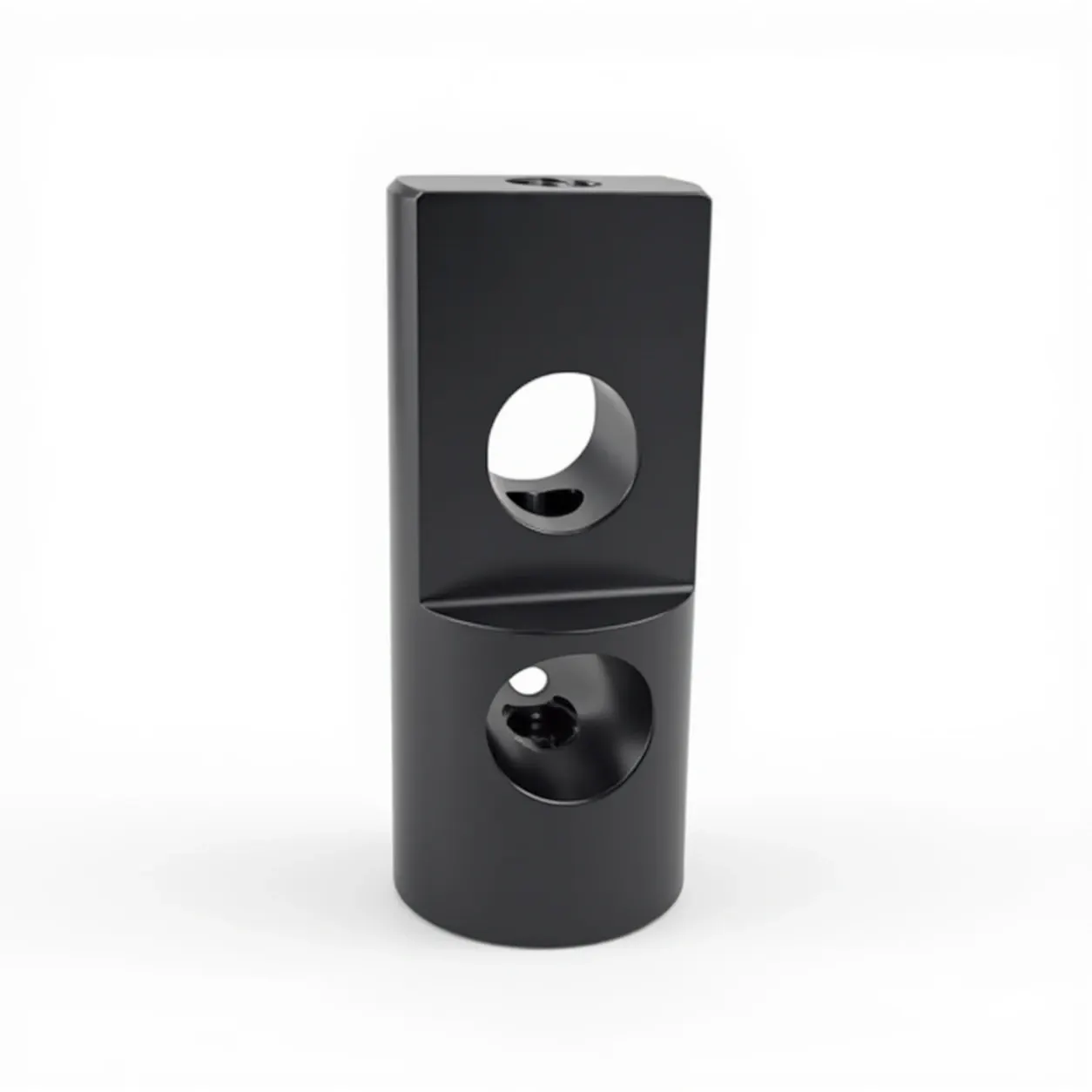 Cylindrical joint block — Black-coated aluminium, cylindrical body, two cross holes