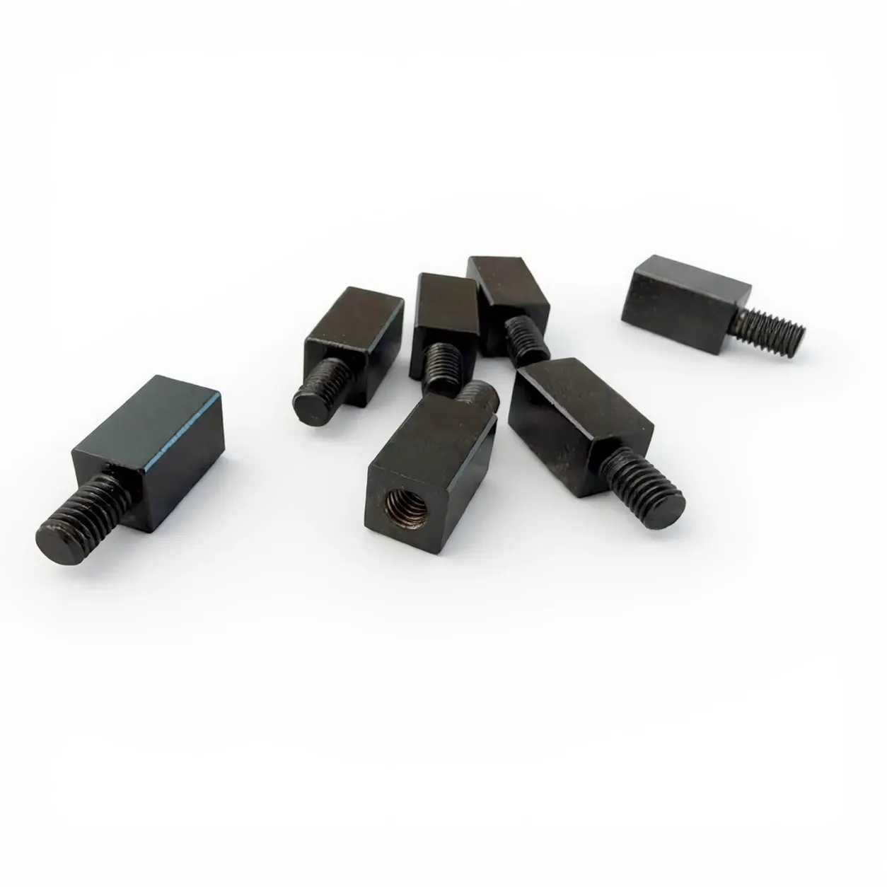 Threaded spacer — Black-coated aluminium, hexagonal body, external thread